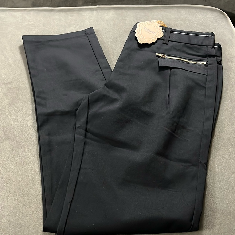 Sublime fashion M black pants zipper front faux leather trim around waist